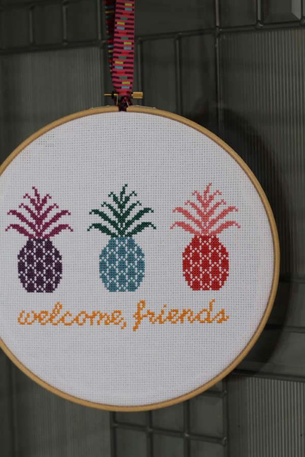 cross stitch pineapple welcome sign