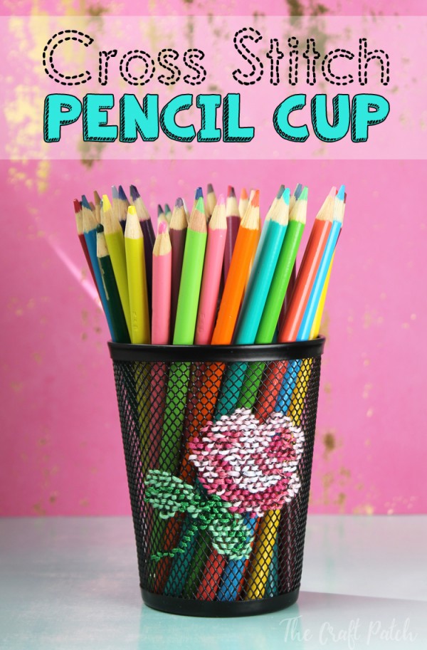 stitch a cross stitch design on a pencil cup