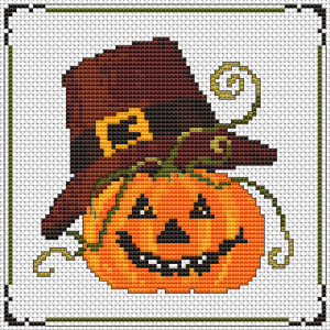 Halloween pumpkin in a pilgrim hat cross stitch pattern.