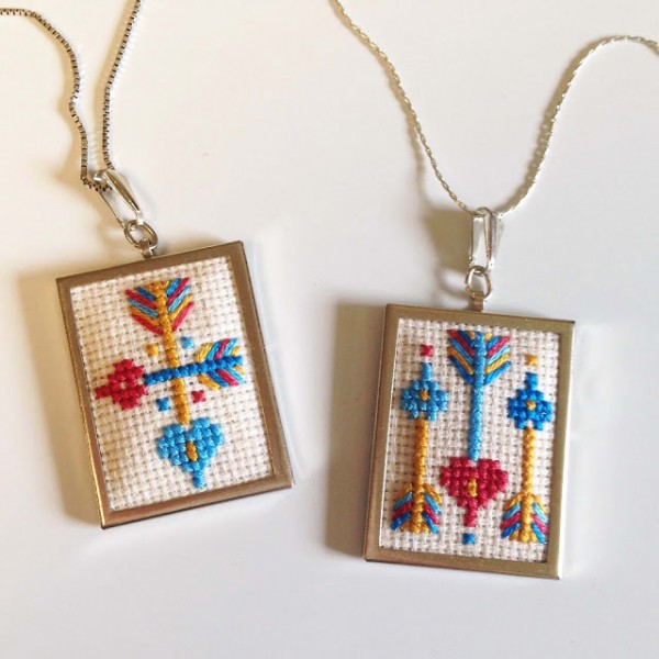 heart and arrow cross stitch pendants