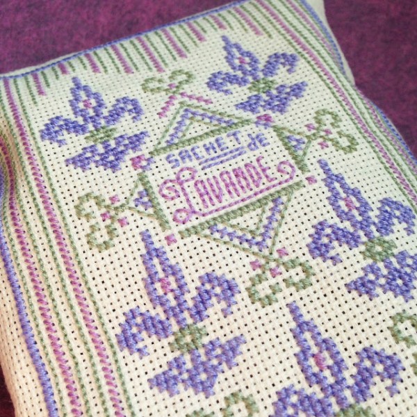 cross stitched lavender sachet