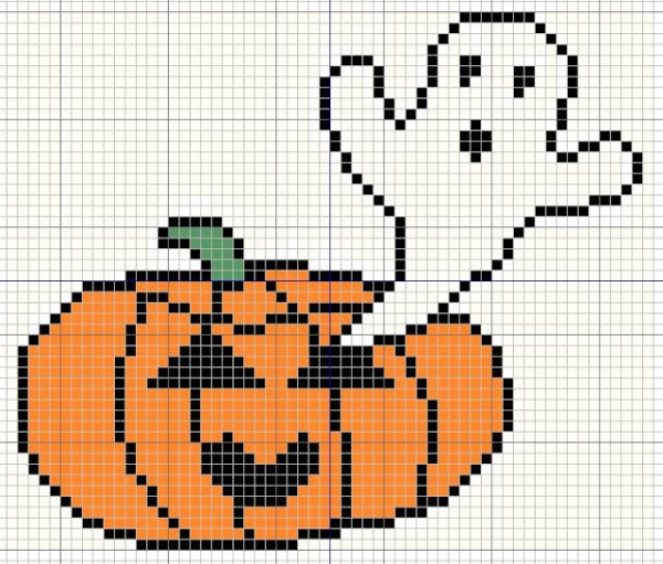 ghost coming out of a pumpkin cross stitch