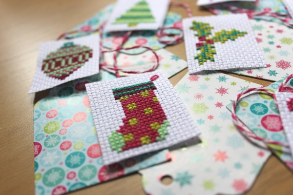 cross-stitched gift tags