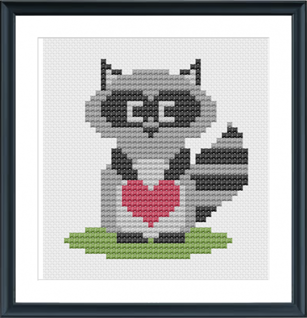 raccoon heart cross stitch