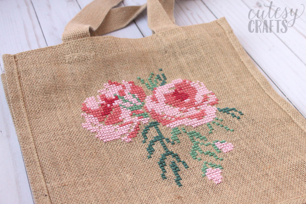 cross stitch on burlap bag